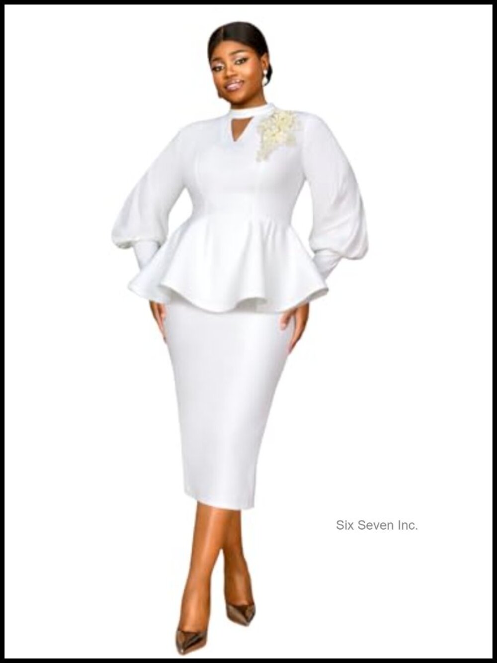 2 Piece Business Suit Set Puff Sleeve Peplum Top Midi Pencil Skirt Formal